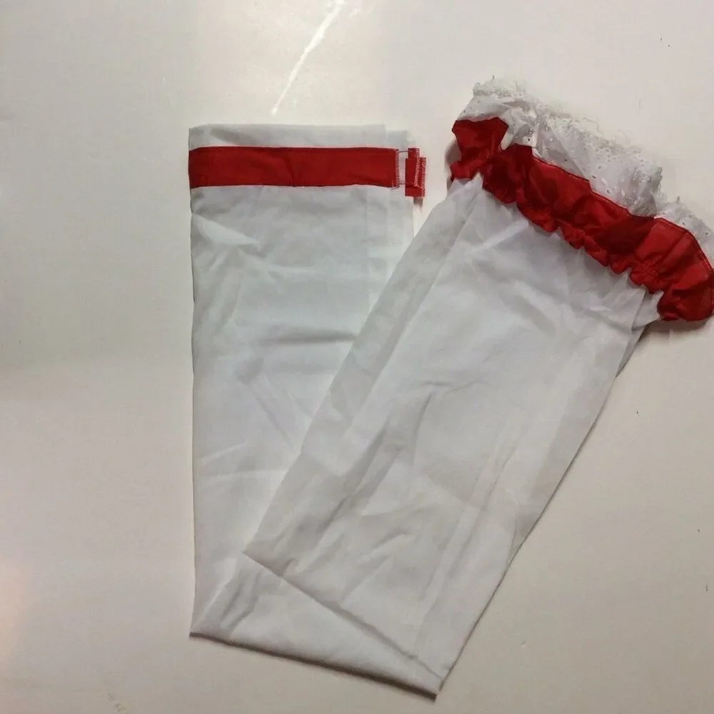 Vintage Curtains White Eyelet Lace Ruffled Red Farmhouse Cafe One Pair 44